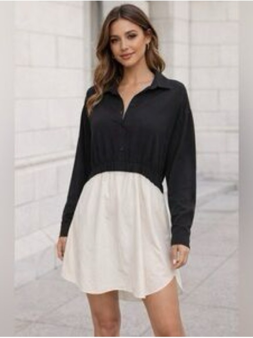 Zara Black and White Two-Tone Long Sleeve Shirt Dress